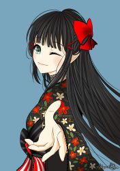 Rule 34 | 1girl, aqua background, aqua eyes, artist name, artist request, black hair, black kimono, blush, bow, breasts, female focus, floral print, flower print, green eyes, hair bow, highres, japanese clothes, kimono, kurosawa dia, long hair, looking at viewer, love live!, love live! sunshine!!, medium breasts, mole, mole under mouth, nail polish, nails, one eye closed, parted lips, reaching, reaching towards viewer, red bow, red nails, smile, solo, tionitou