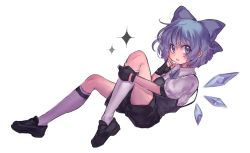Rule 34 | 1girl, :o, alternate costume, black footwear, black gloves, black shorts, blue bow, blue eyes, blue hair, bow, cirno, fingerless gloves, full body, gloves, hair bow, highres, ice, ice wings, kneehighs, looking at viewer, masanaga (tsukasa), puffy sleeves, shoes, shorts, simple background, sitting, socks, solo, touhou, white background, white socks, wings