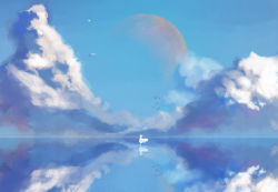 Rule 34 | 1girl, bird, blue sky, cloud, commentary request, day, dress, highres, moon, reflection, scenery, sky, solo, standing, standing on liquid, very wide shot, water, water surface, water world, white dress, white hair, yeyufeng