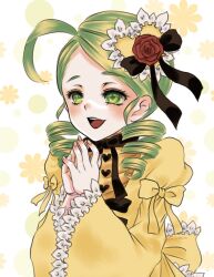 Rule 34 | 1girl, blush, doll joints, dress, drill hair, flower, green eyes, green hair, hair flower, hair ornament, highres, joints, kanaria, kiru (m putorius), long sleeves, medium hair, open mouth, own hands together, red flower, red rose, rose, rozen maiden, smile, solo, twin drills, upper body, wide sleeves, yellow dress