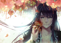 00s 1boy black_eyes black_hair flower liduke long_hair male_focus smile solo tales_of_(series) tales_of_vesperia yuri_lowell