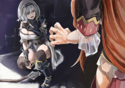 Rule 34 | 2girls, armor, armored boots, black gloves, black jacket, black legwear, boots, braid, breasts, broken, broken weapon, claw pose, cleavage, commentary, defeat, dress, fingerless gloves, full body, gloves, green eyes, hair between eyes, hand on own shoulder, highres, hololive, jacket, kiryu coco, kiryu coco (1st costume), kneeling, large breasts, long hair, long sleeves, mace, multiple girls, on one knee, open mouth, orange hair, out of frame, red skirt, shirogane noel, shirogane noel (1st costume), short hair, shoulder armor, side braid, side slit, silver hair, skirt, sweat, talking, thighhighs, thighhighs under boots, thighs, tiara, torn clothes, vambraces, virtual youtuber, weapon, white dress, yohane, you gonna get raped