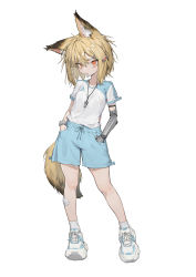 Rule 34 | 1girl, absurdres, animal ears, arknights, blonde hair, fox ears, fox girl, fox tail, full body, hair between eyes, hair ornament, hairclip, hands in pockets, highres, kentllaall, mechanical arms, medium hair, notched ear, open mouth, orange eyes, shoes, shorts, simple background, single mechanical arm, sneakers, socks, solo, tail, vermeil (arknights), whistle, whistle around neck, white background, white socks