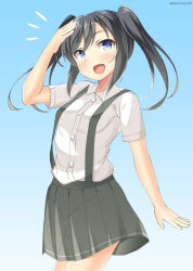 Rule 34 | 10s, 1girl, alternate hairstyle, arm warmers, asashio (kancolle), bad id, bad pixiv id, black hair, blue eyes, kankitsunabe (citrus), kantai collection, long hair, pleated skirt, school uniform, shirt, short sleeves, skirt, smile, solo, suspenders, twintails, white shirt