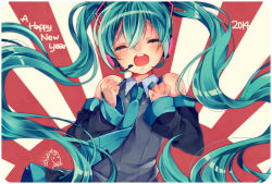 Rule 34 | 10s, 2014, aqua eyes, aqua hair, bad id, bad pixiv id, happy new year, hatsune miku, horse, long hair, necktie, new year, rinndouk, smile, solo, twintails, vocaloid