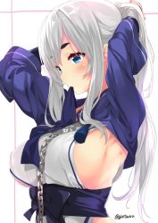 Rule 34 | 10s, 1girl, ainu clothes, armpits, blue eyes, blue headband, blue jacket, blue sash, blush, breasts, chain, clothes in mouth, cropped jacket, folded ponytail, from side, gintarou (kurousagi108), hair lift, headband, unworn headband, jacket, kamoi (kancolle), kantai collection, large breasts, long hair, looking to the side, pelvic curtain, sash, sideboob, silver hair, simple background, solo, twitter username, tying hair, upper body, white background