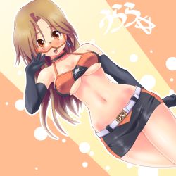 Rule 34 | 1girl, bare shoulders, blush, breasts, brown eyes, brown hair, cleavage, elbow gloves, covered erect nipples, female focus, glasses, gloves, highres, long hair, looking at viewer, miniskirt, open mouth, original, skirt, smile, solo, standing, tennouji masamichi, tongue, underboob, wide hips