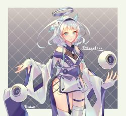 Rule 34 | 1girl, adapted costume, artist name, breasts, commentary, commission, english commentary, hair intakes, halo, highres, japanese clothes, kamishiro rita, kimono, medium breasts, obi, prism project, sash, second-party source, short hair, silver hair, skeb commission, smile, solo, thigh strap, tokiha suzumiya, virtual youtuber