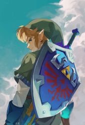 Rule 34 | 1boy, blonde hair, blue eyes, blue sky, cloud, cloudy sky, commentary request, day, from behind, gloves, hat, highres, hylian shield, link, looking at viewer, looking back, male focus, master sword, nintendo, pisu 1107, pointy ears, shield, shield on back, short hair, sky, smile, solo, sword, the legend of zelda, the legend of zelda: skyward sword, triforce, weapon