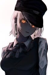 Rule 34 | 1girl, chainsaw man, dress, earrings, fami (chainsaw man), fourth east high school uniform, glowing, glowing eyes, grey hair, hat, highres, jewelry, kotowaza, looking at viewer, military hat, mole, mole under eye, mole under mouth, multiple moles, open mouth, pinafore dress, ringed eyes, school uniform, short hair, simple background, sleeveless, sleeveless dress, solo, tassel, tassel earrings, white background, yellow eyes