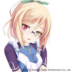 Rule 34 | 1990s (style), 1girl, alena larionov, bad id, bad pixiv id, blonde hair, blush, glasses, hair ribbon, heterochromia, looking at viewer, lowres, official art, ogami kazuki, open mouth, portrait, power dolls, red eyes, retro artstyle, ribbon, simple background, yellow eyes