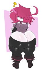 Rule 34 | 1girl, ?, absurdres, ahoge, ass, black pants, boots, butt crack, clothes pull, eric lowery, gaz membrane, hair over eyes, highres, huge ass, invader zim, medium hair, pants, pants pull, pink hair, solo, tight clothes, tight pants
