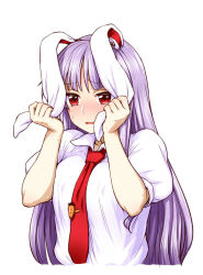 Rule 34 | 1girl, animal ears, blush, hand on own ear, highres, itou yuuji, long hair, looking at viewer, necktie, nervous, open mouth, purple hair, rabbit ears, red eyes, red necktie, reisen udongein inaba, solo, sweat, touhou, tsurime, upper body, white background