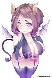 Rule 34 | 1girl, bat wings, black one-piece swimsuit, black thighhighs, blush stickers, boku no hero academia, breasts, brown hair, cleavage, commentary, cowboy shot, demon girl, demon horns, demon tail, demon wings, english commentary, fang, fang out, garter straps, heart, heart-shaped pupils, highres, horns, hot vr, large breasts, looking at viewer, one-piece swimsuit, paid reward available, short hair, simple background, slingshot swimsuit, smile, solo, standing, swimsuit, symbol-shaped pupils, tail, thighhighs, uraraka ochako, white background, wings