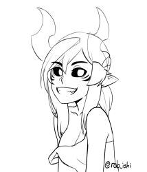 Rule 34 | 1girl, absurdres, aiko (less), bare shoulders, black sclera, borrowed character, breasts, cleavage, collarbone, colored sclera, greyscale, highres, horns, less, looking at viewer, medium breasts, medium hair, monochrome, original, pointy ears, rob ishi, sketch, smile, solo, teeth, watermark, white background