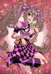 Rule 34 | 1girl, blouse, bow, brown eyes, brown hair, brush, cellphone, checkered clothes, checkered skirt, collar, cowboy shot, crossed legs, frilled collar, frills, glint, hair bow, hat, heart, highres, himekaidou hatate, juliet sleeves, kneehighs, leaf, leaf background, long hair, long sleeves, looking at viewer, neck ribbon, one eye closed, open mouth, phone, pouch, puffy sleeves, ribbon, shirt, skirt, smile, socks, solo, tokin hat, touhou, twintails, umami (sakeikura), very long hair, wink