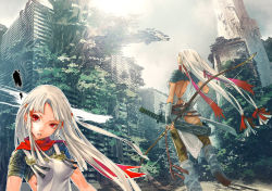 Rule 34 | 1girl, back, bow, bow (weapon), breasts, building, city, female focus, hair bow, hair ribbon, long hair, nature, original, outdoors, overgrown, red eyes, redjuice, ribbon, ruins, scarf, sideboob, sky, solo, sword, tree, weapon, white hair