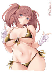 Rule 34 | 1girl, atlanta (kancolle), bikini, blush, breasts, brown hair, cowboy shot, earrings, ebifurya, front-tie bikini top, front-tie top, gloves, gold bikini, grey eyes, highres, index finger raised, jewelry, kantai collection, large breasts, light blush, long hair, navel, one-hour drawing challenge, partially fingerless gloves, pointing, pointing at viewer, side-tie bikini bottom, simple background, star (symbol), star earrings, stomach, swimsuit, twitter username, two side up, white background
