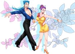 Rule 34 | 1boy, 1girl, alternate hairstyle, bare pectorals, bazett fraga mcremitz, blue hair, blue shirt, breasts, cleavage, clothing cutout, cu chulainn (fate), cu chulainn (fate/stay night), dancing, earrings, fate/hollow ataraxia, fate/stay night, fate (series), flamenco, flamenco dress, high heels, holding hands, hotaru (ss801), jewelry, large breasts, open clothes, open shirt, pectorals, ponytail, purple eyes, purple hair, red eyes, shirt, side cutout, spanish clothes