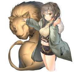 Rule 34 | 1girl, animal, bad id, bad pixiv id, black shorts, blush, breasts, brown eyes, coat, cropped legs, cropped sweater, dduck kong, earphones, earphones removed, earrings, fur-trimmed coat, fur trim, grey hair, head tilt, highres, holding, holding earphones, jewelry, large breasts, lion, long hair, long sleeves, looking at viewer, midriff, open clothes, open coat, original, short shorts, shorts, simple background, solo, sweater, turtleneck, turtleneck sweater, white background