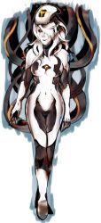 Rule 34 | 1girl, absurdres, glados, hair over one eye, highres, logo, navel, parted lips, personification, portal (series), portal 1, slit pupils, smile, solo, standing, tabletorgy, white hair, yellow eyes