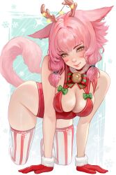 Rule 34 | 1girl, absurdres, all fours, breasts, earrings, facial mark, fake antlers, final fantasy, final fantasy xiv, fur-trimmed gloves, fur trim, gloves, hair tubes, highres, jewelry, leotard, long hair, looking at viewer, medium breasts, miqo&#039;te, pink hair, prywinko, red gloves, red leotard, smile, solo, striped clothes, striped thighhighs, thighhighs, vertical-striped clothes, vertical-striped thighhighs, warrior of light (ff14), whisker markings, yellow eyes