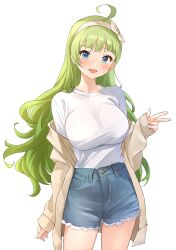 Rule 34 | 1girl, absurdres, ahoge, b1ack illust, blue eyes, blush, breasts, cardigan, casual, cutoffs, denim, denim shorts, green hair, highres, idolmaster, idolmaster million live!, large breasts, long hair, long sleeves, looking at viewer, open mouth, shimabara elena, shirt, shirt tucked in, short shorts, shorts, simple background, smile, solo, v, very long hair, w, white background, white shirt