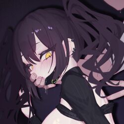 Rule 34 | 1boy, 1girl, black background, black hair, black nails, black shirt, blush, breasts, clothes lift, covered mouth, covering another&#039;s mouth, cropped, drooling, earclip, eonsang, girls&#039; frontline, hair between eyes, hand over another&#039;s mouth, hand up, large breasts, long hair, long sleeves, looking at viewer, mask, mask around neck, mouth mask, nail polish, out of frame, portrait, saliva, sangvis ferri, scarecrow (girls&#039; frontline), shirt, shirt lift, sidelocks, simple background, solo focus, sweat, tearing up, twintails, yellow eyes