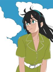 Rule 34 | 1girl, alternate costume, belt, black hair, blue eyes, collarbone, collared shirt, day, glasses, green shirt, hairband, kantai collection, long hair, looking to the side, ojipon, ooyodo (kancolle), rimless eyewear, shirt, short sleeves, sky, solo, upper body, white belt