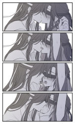 Rule 34 | absurdres, apple trees, blindfold, blush, character request, commentary request, covered eyes, french kiss, gender request, greyscale, highres, kiss, long hair, modao zushi, monochrome, simple background, sweat, sweatdrop, tagme, tongue, tongue out