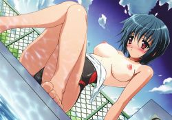 Rule 34 | 00s, 1girl, barefoot, blue hair, blush, breasts, caustics, chain-link fence, clothes pull, cloud, competition swimsuit, dutch angle, feet, fence, game cg, highres, maple colors, nipples, one-piece swimsuit, one-piece swimsuit pull, one-piece tan, pool, poolside, red eyes, short hair, sitting, sky, solo, suzuhara sora, swimsuit, tan, tanline, toma (asagayatei), undressing, water, wet