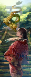 Rule 34 | 1girl, 23el, absurdres, brown eyes, brown hair, dragon, eastern dragon, floral print, highres, japanese clothes, kimono, long hair, new year, original, outdoors, red kimono, solo, stairs, torii, tree