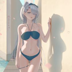 Rule 34 | 1girl, animal ears, arknights, arm at side, aurora (arknights), bear ears, bikini, blue bikini, blue eyes, blue hairband, breasts, clock, clock tower, collarbone, commentary request, day, earrings, grey hair, hairband, hand up, heart, heart-shaped pupils, highres, icycore, jewelry, large breasts, long hair, looking at viewer, navel, outdoors, petals, shadow, skindentation, solo, standing, stomach, swimsuit, symbol-shaped pupils, tongue, tongue out, tower, very long hair, water