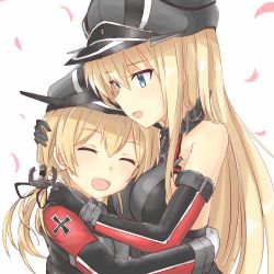 Rule 34 | 10s, 2girls, :d, anchor hair ornament, azuhira, bare shoulders, bismarck (kancolle), black gloves, blonde hair, blue eyes, blush, breasts, cross, elbow gloves, eyebrows, from side, gloves, grey hat, hair ornament, hand on another&#039;s back, hand on another&#039;s head, hand on another&#039;s shoulder, hat, height difference, hug, iron cross, kantai collection, large breasts, long hair, low twintails, multiple girls, open mouth, peaked cap, petals, prinz eugen (kancolle), simple background, smile, twintails, upper body, white background, white gloves
