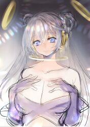Rule 34 | 1girl, bare shoulders, blue eyes, blush, breasts, cleavage, closed mouth, collarbone, crossed bangs, doraeshi, double bun, elbow gloves, gloves, gold, grey hair, hair between eyes, hair bun, halo, hands on own chest, hands up, jewelry, large breasts, long hair, looking at viewer, multiple halos, neck ring, original, purple gloves, smile, solo, upper body