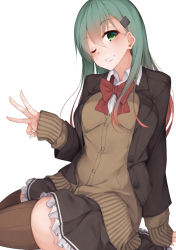 Rule 34 | 10s, 1girl, bad id, bad nicoseiga id, black jacket, black skirt, blouse, brown sweater, brown thighhighs, buttons, cardigan, green eyes, green hair, grin, hair ornament, hairclip, highres, jacket, kantai collection, long hair, long sleeves, neck ribbon, one eye closed, pleated skirt, red ribbon, remodel (kantai collection), rerrere, ribbon, school uniform, shirt, simple background, skirt, smile, solo, suzuya (kancolle), sweater, thighhighs, white background, white shirt