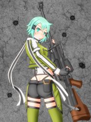 Rule 34 | 10s, 1girl, aqua eyes, aqua hair, artist request, ass, blush, breasts, bullet hole, butt crack, expressionless, fingerless gloves, from behind, gloves, gun, hair ornament, hairclip, looking at viewer, rifle, scarf, short hair, short shorts, shorts, sideboob, sinon, small breasts, sniper rifle, standing, sword art online, weapon
