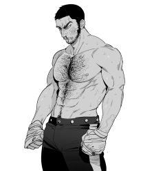 Rule 34 | 1boy, abs, angry, bandages, bara, beard, black eyes, black hair, blood, bruise, bruise on face, chest hair, facial hair, goatee, golden kamuy, greyscale, highres, injury, large pectorals, long sideburns, male focus, manly, monochrome, muscular, navel, navel hair, nipples, nosebleed, pectorals, topless male, short hair, sideburns, solo, stubble, suko mugi, sweat, tanigaki genjirou, thick eyebrows, white background