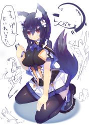 Rule 34 | 1girl, animal ear fluff, animal ears, black hair, black thighhighs, breasts, fox ears, fox tail, glasses, highres, large breasts, mamuru, original, red eyes, simple background, skirt, solo, tail, thighhighs, translation request, white background