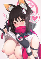 Rule 34 | 1girl, animal ear fluff, animal ears, black gloves, black hair, blue archive, blush, breasts, clothes lift, covered mouth, fishnets, fox ears, fox hair ornament, gloves, hands up, heart, heavy breathing, highres, izuna (blue archive), large breasts, looking at viewer, nakareki, nipples, pom pom (clothes), red scarf, sailor collar, scarf, shirt lift, short hair, simple background, solo, spoken heart, yellow eyes