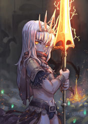 Rule 34 | 1girl, absurdres, alternate costume, armor, belt, bracelet, breath weapon, breathing fire, brown scarf, covered mouth, cowboy shot, dark souls (series), dark souls iii, dragon, fire, genderswap, genderswap (mtf), glowing, glowing eyes, glowing weapon, grey background, headpiece, highres, holding, holding polearm, holding spear, holding weapon, jewelry, long hair, looking at viewer, midriff, nameless king, navel, polearm, red scarf, scarf, solo, spear, standing, weapon, white hair, xue qi ye (dndtmbdue), yellow eyes