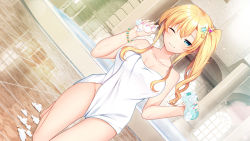Rule 34 | 1girl, ;), artist request, artwhirl mahou gakuen no otome-tachi, bare arms, bare legs, bath, bathhouse, blonde hair, blue eyes, bracelet, breasts, cleavage, closed mouth, collarbone, dutch angle, emerane, game cg, hair ornament, half-closed eyes, indoors, jewelry, large breasts, long hair, looking at viewer, nail polish, naked towel, one eye closed, onsen, pink nails, side ponytail, sidelocks, smile, solo, star (symbol), star hair ornament, towel, vanessa (artwhirl)