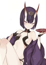 Rule 34 | 1girl, :q, alcohol, bare legs, bare shoulders, black gloves, blue gemstone, blunt bangs, bowl, breasts, choker, closed mouth, collarbone, cup, drink, eyebrows, eyeshadow, fate/grand order, fate (series), fingerless gloves, gem, gloves, hair ornament, half gloves, headpiece, holding, holding bowl, horns, japanese clothes, jewelry, kimono, knees up, licking lips, liquid, looking at viewer, lpip, makeup, naughty face, navel, off shoulder, oni, open clothes, open kimono, purple eyes, purple hair, revealing clothes, sakazuki, sake, short hair, shuten douji (fate), shuten douji (first ascension) (fate), simple background, sitting, small breasts, smile, solo, stomach, thighs, tongue, tongue out, tsurime, white background