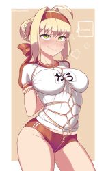 Rule 34 | 1girl, absurdres, ahoge, arms behind back, bagelbomb, bdsm, beige background, blonde hair, blush, bondage, border, bound, braid, breasts, buruma, closed mouth, fate/extra, fate/grand order, fate (series), female focus, french braid, green eyes, gym shirt, gym uniform, hair bun, hair intakes, headband, highres, large breasts, long hair, looking at viewer, name tag, nero claudius (fate), nero claudius (fate) (all), nero claudius (fate/extra), nero claudius (olympian bloomers) (fate), official alternate costume, red buruma, red headband, rope, shibari, shirt, short sleeves, simple background, single hair bun, smile, solo, thighs, umu (phrase), wavy mouth, white border