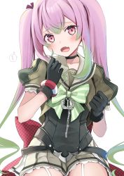 Rule 34 | 1girl, absurdres, black choker, black gloves, blush, bow, bowtie, choker, fang, garter straps, gloves, green bow, green bowtie, green hair, hair between eyes, highres, holding, holding own hair, kantai collection, long hair, looking at viewer, momo (kancolle), multicolored hair, open mouth, pink eyes, pink hair, pleated skirt, sailor collar, school uniform, serafuku, short sleeves, sidelocks, simple background, skin fang, skirt, solo, twintails, very long hair, white background, yunamaro