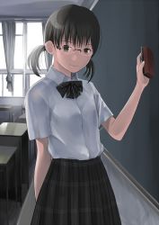 Rule 34 | 1girl, absurdres, arm behind back, black bow, black bowtie, black eyes, black hair, black skirt, bow, bowtie, chalkboard, classroom, closed mouth, cowboy shot, curtains, desk, glasses, highres, hitori (htr t), holding, indoors, looking at viewer, original, plaid, plaid skirt, pleated skirt, school, school desk, school uniform, shirt, short sleeves, skirt, smile, solo, sponge, striped bow, striped bowtie, striped clothes, table, twintails, white shirt, window
