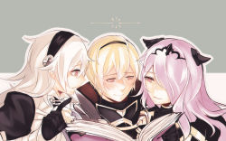 Rule 34 | 1boy, 2girls, blonde hair, blush, book, brother and sister, camilla (fire emblem), corrin (female) (fire emblem), corrin (fire emblem), fire emblem, fire emblem fates, gloves, hair over one eye, hairband, highres, leo (fire emblem), long hair, multiple girls, nintendo, pointy ears, purple eyes, purple hair, siblings, simple background, vento, white hair
