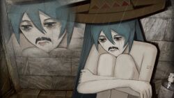 Rule 34 | 1girl, aqua eyes, aqua hair, arm tattoo, bags under eyes, commentary, crying, fake facial hair, fake mustache, hat, hatsune miku, highres, hugging own legs, long hair, nude, number tattoo, photo background, showering, sitting, soap bottle, solo, sombrero, streaming tears, tattoo, tears, vocaloid, what, xyanaid, zoom layer