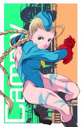 Rule 34 | 1girl, ahoge, backless outfit, black footwear, blonde hair, blue eyes, blue hat, blue leotard, bodypaint, braid, cammy white, character doll, commentary request, full body, garrison cap, gloves, hat, highleg, highleg leotard, highres, leotard, lightning bolt symbol, long hair, looking at viewer, low twintails, mimiyama kiichi, red gloves, ribbed leotard, solo, street fighter, street fighter zero (series), twin braids, twintails