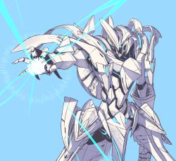 Rule 34 | arm up, blue background, blue theme, croodle, fate/grand order, fate (series), glowing, highres, mecha, no humans, odysseus (fate), robot, science fiction, simple background, solo